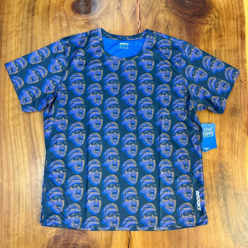 NEW Brooks Dash Shirt Men's L T-Shirt Josh Kerr All Over Print Running Crew B4-1
